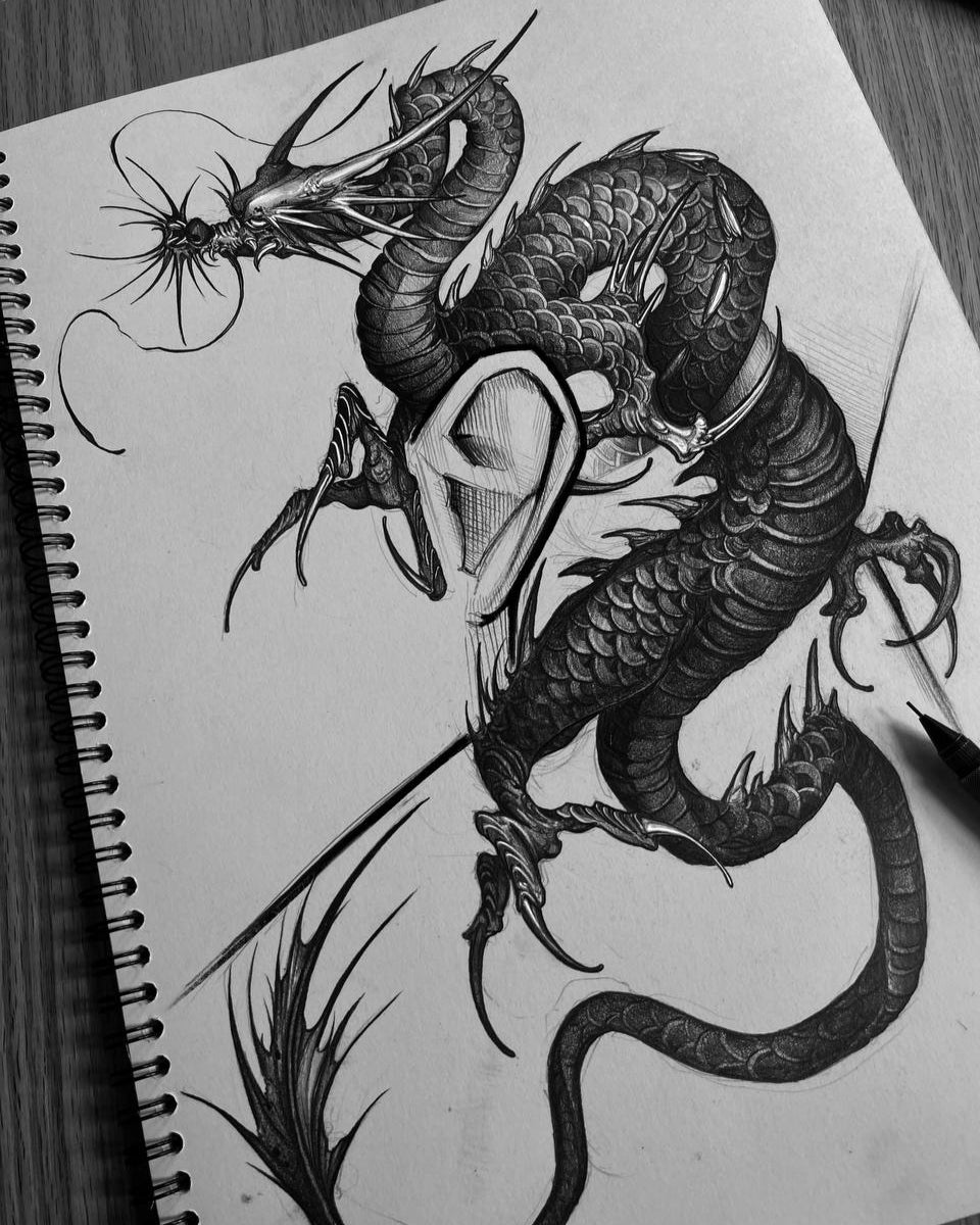 Custom Blackwork Dragon  Tattoo Design