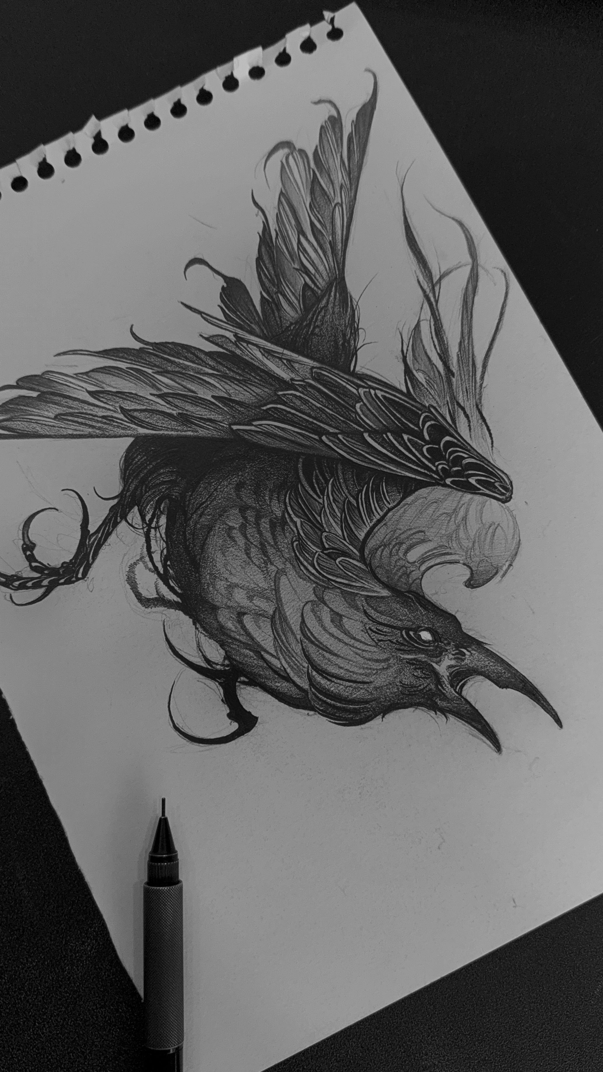 Custom Blackwork Crow Tattoo Design